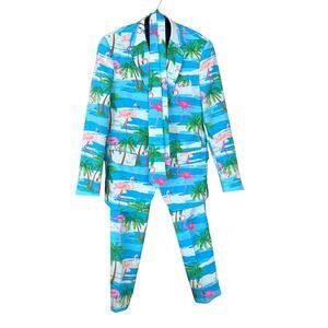 Oppo Suits Mens 3 Piece Flamingo Tropical Jacket Pants Tie Whimsy Cocktail Party